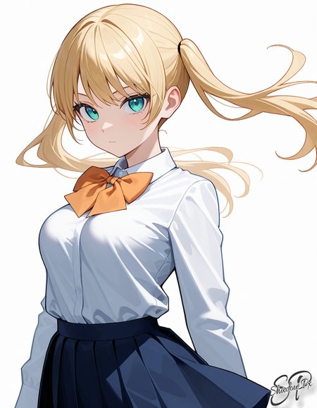 h0sh1z4k1, 1girl, solo, long hair, breasts, blue eyes, blonde hair, bow, twintails, medium breasts, green eyes, school uniform, white shirt, sidelocks, cowboy shot, miniskirt, aqua eyes, floating hair, orange bow, 1girl, alone, clothed, upper body, looking at viewer, simple background, white background, cropped_torso, masterpiece, best quality, amazing quality, very aesthetic, newest, scenery, uncensored,