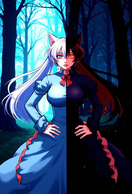Contrasting blue and red character design, A character with The hair on the left side is long, flowing, and white, with blue eyes symbolizing purity and innocence while the right side  The hair  is long, flowing, and black, with glowing red eyes representing darkness and chaos. A confident pose with left hand on the hip, the other right hand is hanging loose.Left side background is 
Ethereal Forest, A mystical forest bathed in soft, glowing light while the right side is Dark Forest Path, A shadowy path through a dense, dark forest.
