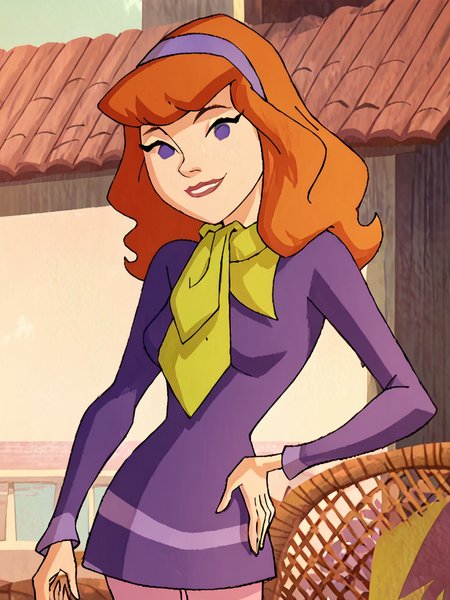 <lora:DaphneMysteryIPony1.0:1> daphneb, 1girl, solo, long hair, hairband, orange hair, purple dress, purple eyes, green scarf, smile, pink pantyhose, cowboy shot,  smile, outdoors, looking at viewer, hand on own hip,, score_9, score_8_up, score_7_up, score_6_up, score_5_up, score_4_up