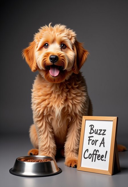 A golden doodle dog with beautiful wavy coat with an empty dog bowl with next to a food bank, with a sign next to it saying text ''Buzz For A Coffee!'' cinematic shot,