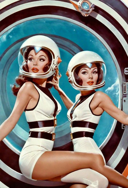 conceptual portrait, sexy twin temple brunette pin-up priestess aboard the sexy futuristic spacecraft, floating playfully in zero gravity, dynamic pose, 1970s sexploitation sci-fi film, pulp-sf, weird future fashion, headdress, plastic, veil, mask, helmet