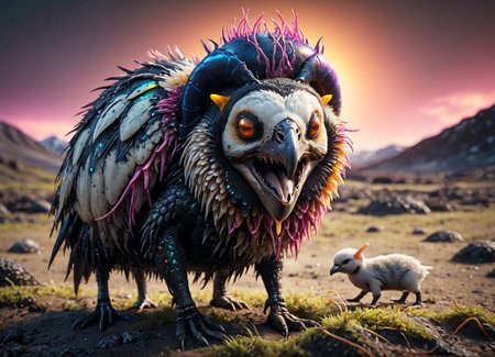 cinematic photo Ombre color scheme of neon blue, neon pink, neon yellow, neon green, neon orange, horrible goat bird creature on the grassy tundra, extremely detailed texture and intricate biological detail, high saturation, 16k hdri, subsurface scattering,
 <lora:sss:0.8> <lora:add-detail-xl:1> <lora:Cordyceps_XL:0.44> crdcps, fungal horn, cordyceps infected <lora:dvr-cpwr:0.4> dvr-swr , subsurface scattering, Photorealistic, Hyperrealistic, analog style, realistic, film photography, soft lighting, heavy shadow, 35mm photograph, film, bokeh, professional, 4k, highly detailed