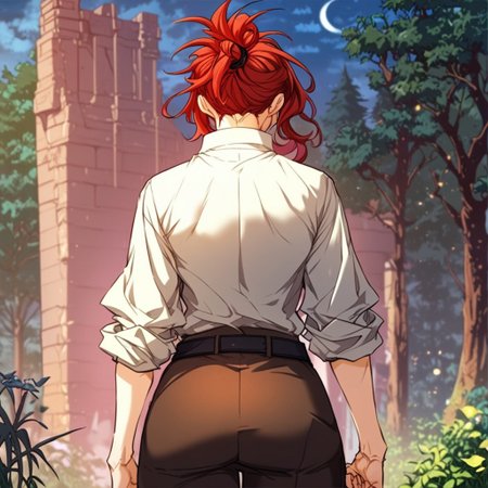 score_9, score_8_up, score_7_up, masterpiece, very high quality, Anime_source, AliciaTermina, blue eyes, red hair, medium hair, ponytail, working uniform, epiCPhoto, brown pants, white top, belt, abs, trees, dark sky, ass, moon