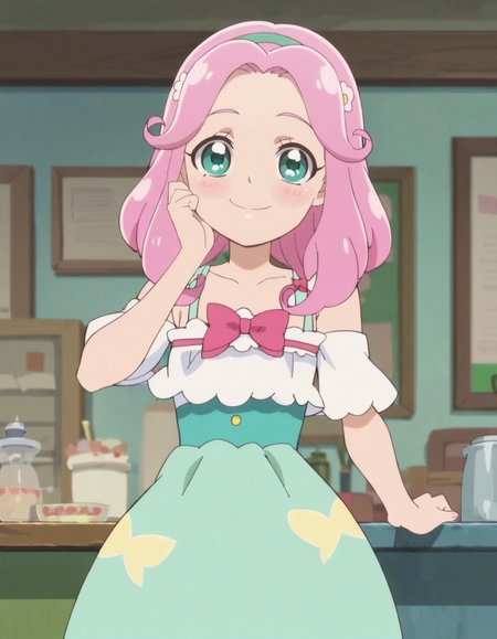 score_9, score_8_up, score_7_up, anime screencap, solo,1girl,hanamikotoha, green eyes,pink hair,pink  bow,green skirt, hairband,white dress,bare shoulder,cowboy shot,smile,blush,looking at viewer,small breasts,<lora:hanamikotoha:0.8>
