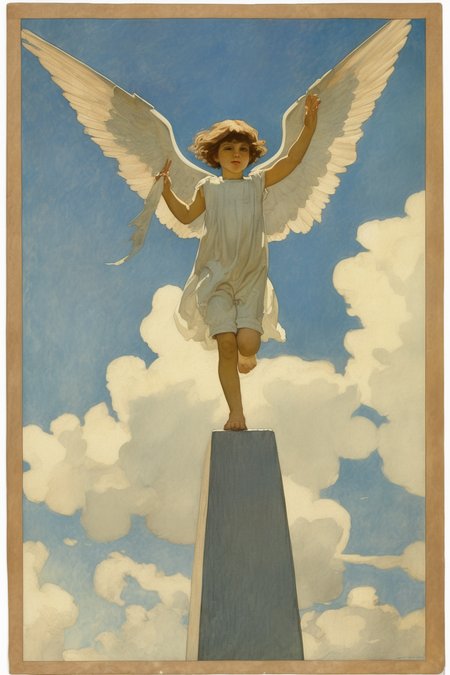 Jessie Willcox Smith Style - the flight of 15-year-old Icarus, obelisk in background, in the style of Jessie Willcox Smith
