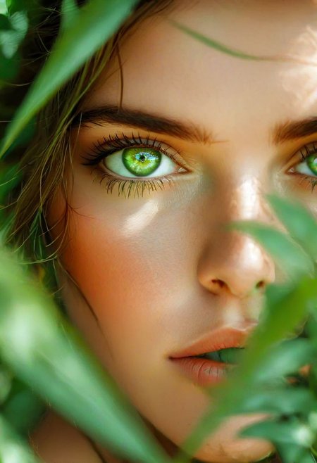 bright eyes, glowing eyes, intense gaze,   Stunning. This stunning woman, Celtic, close-up. The whole style is green jungle style, with healing green eyes. Exuding confidence and strength, her expression conveys a feeling of strength and determination. Professional and very detailed