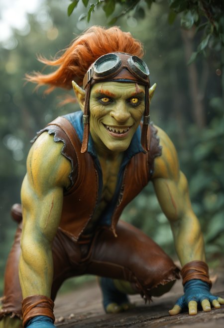 <lora:batrider_v1:0.8> batrider_v1
1boy, yellow skin, green skin, green legs, green face,
pointy ears,
colored skin,
teeth, sharp teeth,
orange hair,
yellow eye, scar on eye,
gloves, goggles, goggles on head,  brown long shorts
 riding a bat, , bat, score_9, score_8_up, score_7_up, score_6_up, derpibooru_p_95,
detailed eyes, beautiful, detailed background, perfect eyes,
blur censor, blurry, blurry background, blurry foreground, bokeh, motion blur,
chromatic aberration, depth of field, figure, focused,  focus
photography, realistic sun light and shadows, photorealism, UHD --ar 9:16 --style raw --stylize 700,
solo,
lush, soft greenery and delicate wildflowers. soft and ethereal atmosphere. The scene is imbued with a sense of calm and introspection, capturing the beauty of nature and the quiet moments., front view, seductive eyes, seductive pose, smiling, looking at viewer, slutty expression, sitting, knee up, leaning on floor,