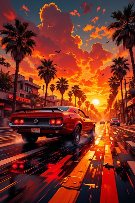 pinhole photography. Dutch angle cinematic shot of a cherry red muscle car from the 1970s cruising at speed onto a majestic reddish sunset. The road reflects the bright orangish glow of the sun on the drenched asphalt, and palm trees line its sides. Bright yellows and reds reflect on the car's body and highlight its fast moving silhouette. Pinkish clouds adorn the vast expanse of the horizon, creating depth and perspective in this energetic composition. The car's license plate has the text "CIVITAI".,aidmafluxpro1.1