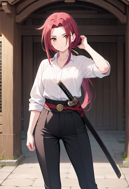 <lora:ruka_IXL-06:0.7> 1girl,tachiarairuka,red hair,white shirt,pants,sheath
,best quality,masterpiece