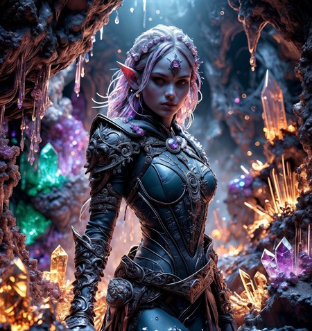 RAW photo, (masterpiece:1.3), subsurface scattering, heavy shadow, (high quality:1.4), (intricate, high detail:1.2), professional photography, HDR, High Dynamic Range, realistic, ultra realistic, photorealistic, high resolution, film photography, ambient lighting, atmospheric effects, <lora:detail_slider_v4:2>, OverallDetail, <lora:CrystalCaves:0.96>, cave, cryca, colorful crystals, gems, beams of light, water dripping from walls,  <lora:Drow:0.8>, a female drow scout, wearing intricate leather armor, dynamic pose, cape, epiCPhoto, <lora:zoom_slider_v1:-2>