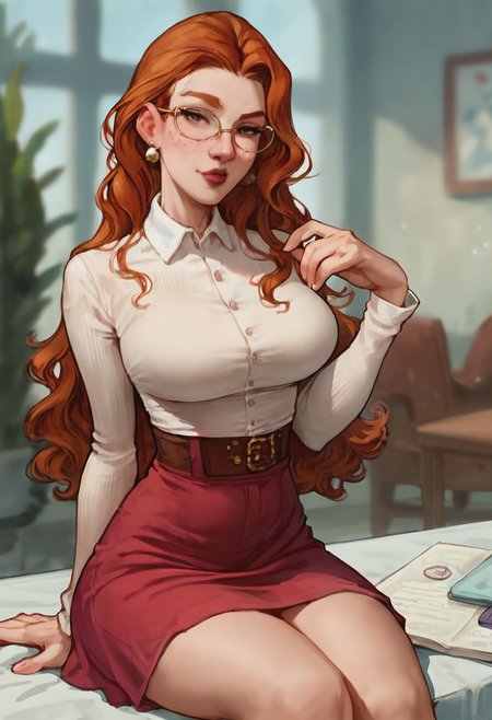 score_9, score_8_up, score_7_up, 1girl, mature_female, portrait, solo, Sitting with legs extended, panorama, (Burgundy Jerkin), Ginger hair, cropped_torso, rating_safe, <lora:pony\artist_styles\aroma_sensei_pony:1.0>
