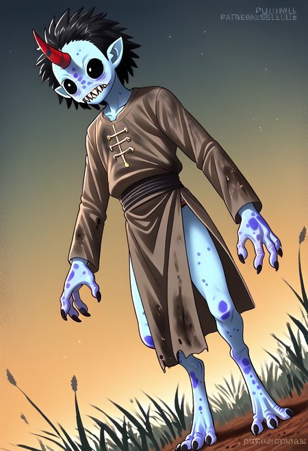 ((Alien humanoid)), solo, androgynous, aquatic features 
blue skin, ((webbed skin between fingers)),
((nostrils only, nostril slits, vertical nasal slits, narrow nostrils)):1.6, ((narrow eyes)), ((black sclera, black irises)), smooth skin,  pointy ears, small ears, tiny ears, holes in skin, forehead horn, short horn, veiny horn, ((single horn)):1.0, ((4 fingers)), fingernails, thin lips, ((black hair)), ((short hair, spiky hair)), sharp teeth, ((digitigrade legs)), bent legs,
full body shot
ragged clothes, muddy clothes, loincloth, tunic, dirty
Medieval style, fantasy style,
((Variety)):1.2
((dutch angle))
river background
fully clothed, loose clothing, clean lines, smooth colors, detailed fingers, sfw, style: b3yum1, source: semi-realistic, rating: pg, score: 8 up, score: 9