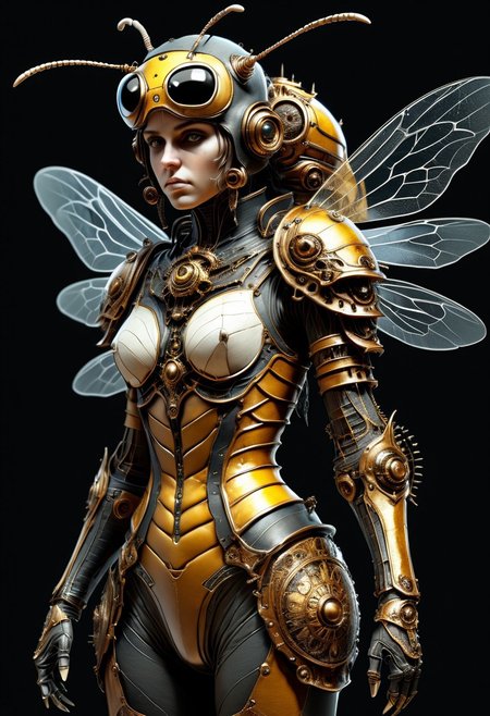 best quality,( Luis Royo style drawing), masterpiece, extremely detailed, an extremely delicate and beautiful, dynamic, realistic anatomy, great lighting, perfect shading, professional shading, depth of field, dark environment, beautiful bee, steampunk bee,  full body,  fur and leather,  side soft light, elegant, gorgeous, highly detailed,  well-endowed, full shot photo, uncropped,  perfect face, perfect anatomy,cute, beautiful, perfect beauty,amazing beauty, pure genious, absolutely perfect, gentle, highly detailed, breathtaking