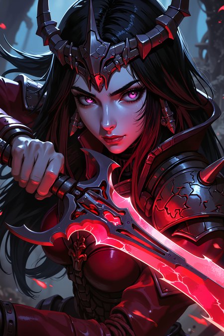 a closeup of a young female Dark Eldar Succubus with long, sleek black hair and smooth, pale blue skin. Her piercing, violet eyes are narrowed as she grasps a glowing, crimson blade that seems to pulse with a life of its own. Sheâs in the middle of a dark, twisted arena deep within Commorragh, the air thick with the scent of blood and the sounds of distant screams. Her lithe, armored form is adorned with spikes and barbs, each piece of her blood-red armor designed to instill fear and pain. A strange, spiked headpiece made of dark metal encircles her head, framing her face with a sinister elegance. The blade in her hand vibrates with dark energy, its surface covered in shifting, runic symbols that glow faintly in the dim light. She holds the blade close to her face, her lips curling into a predatory smile as the weapon hums with anticipation. The arena around her seems to pulse in time with the bladeâs energy, as if the entire place is alive with the dark power of the weapon. Her gaze is fixed on the blade, her eyes reflecting its crimson glow as she prepares to unleash its deadly power. , detailed background  Fantastic lighting. Detailed shadows.intricate details, vivid colors, hyper-detailed, ultra-sharp, , <lora:XRSTYLE_FLUX:0.5><lora:RetroAnimeFluxV1:0.4><lora:MoriiMee_Gothic_Niji_Style_FLUX:0.3>