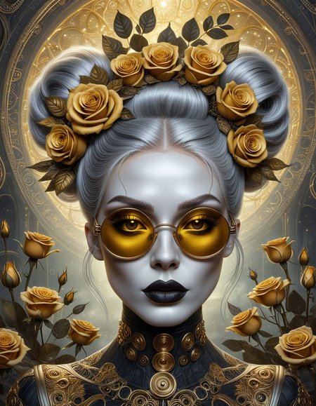 surrealist art hyperrealistic art concept art A futuristic and surreal portrait of a woman with silver hair styled in buns, wearing large round glasses with gold accents. Her face has a metallic sheen, and her makeup includes dark lipstick and gold eyeshadow. She is surrounded by intricate, golden roses and leaves, with a celestial background featuring stars and abstract patterns. The image has a steampunk and sci-fi aesthetic, with a mix of dark and golden tones, creating a dramatic and otherworldly atmosphere. (fast)<lora:luxart:1>       . digital artwork, illustrative, painterly, matte painting, highly detailed . extremely high-resolution details, photographic, realism pushed to extreme, fine texture, incredibly lifelike . dreamlike, mysterious, provocative, symbolic, intricate, detailed