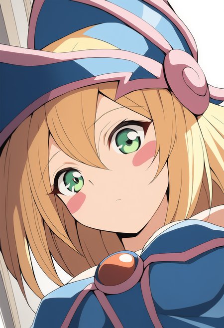 1girl,  <lora:blamagiXLv1:0.9>,blamagi,blonde hair, green eyes, long hair, medium breasts,blush stickers,wizard hat,
from below, upper body, looking at viewer, blush, balcony, closed mouth,
masterpiece, best quality,