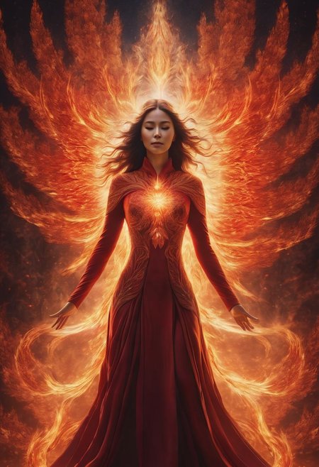 Fantasy, mesmerizing design, ascending spirit woman, spirit being's arms spread out, red body, transparent radiant light on her body, fire flame at the end of each arm, beautiful fire flowers around the perimeter