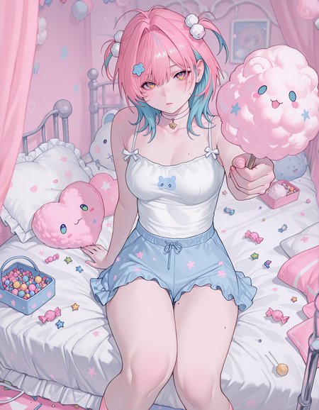 masterpiece, newest,absurdres, incredibly absurdres, <lora:gyuing666-000010:1>,gyuing_illu,1girl, solo, mole,  multicolored eyes, looking at viewer, choker, mole under eye, short hair, multicolored hair, flower, medium hair,cotton candy bed,sitting,  candy, foreshortening, depth of field,