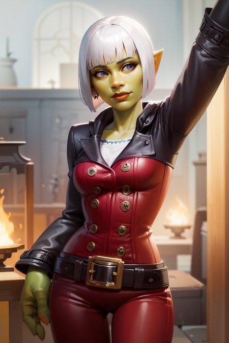 1girl, cowboy shot of shewowgob engineer, leather coat, green skin, fewer digits, shortstack, athletic, blue eyes, white hair, bob cut, fantasy workshop indoors, volumetric lighting, best quality, masterpiece, intricate details, realistic  <lora:sxz-goblins-v2:0.8>