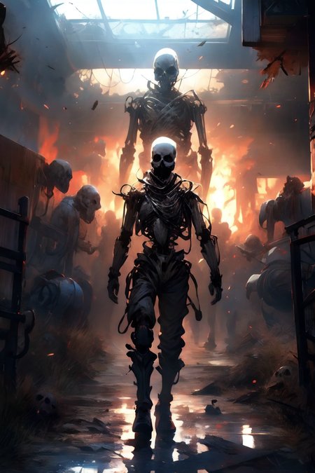 Future robot, human skeleton, Wasteland Style, Cinematic, realistic style, fire, Background explosion,
 <lora:add_detail:1>,  <lora:20231114-1699945989034:0.8> Dark,  <lora:Wasteland:1>