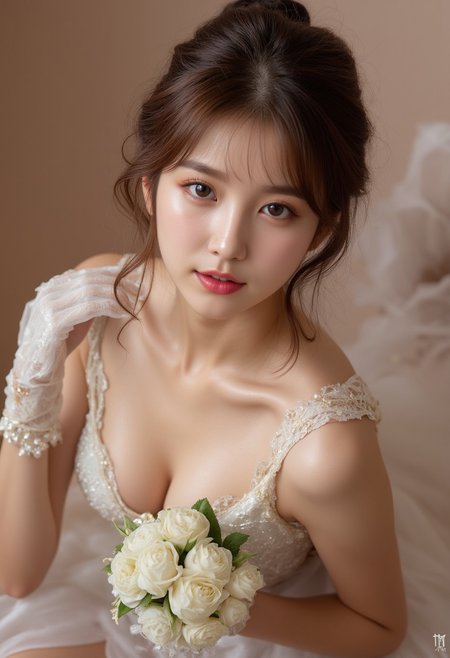 1girl, top view, photo taking from the side by someone, photo shows from head to toe of her,
shiny skin, brown streaked hair, warm toned eyeshadow,  perfect lips, random length hair, frequently wavy hair, random hair style, (korean idol:1.3), ((beauty 21 years old)), naturalness, ultra detailed, beauty and healthy, (huge breasts:1.2), (huge hips:1.2), healthy thighs, ((thigh exposed:1.2)), delicate facial features, mixed American Korean actress, sexy Korean female idol-type, cleavage,
I am a driven and empathetic individual who is passionate about making a positive impact on the world. With a keen eye for detail and a creative mind, I excel at problem-solving and coming up with innovative solutions. I am dedicated to continuous learning and growth, always seeking new challenges that allow me to expand my horizons and make a difference. holding bouquet, Peral-Embellished Gloves,
real art, (masterpiece), (best quality), highres, 8k, sexy Korean female idol-type face, natural and detailed beauty doll face, (realistic, photo-realistic:1.4), flim grain, perfect dynamic composition,  ultra-detailed realistic photo,