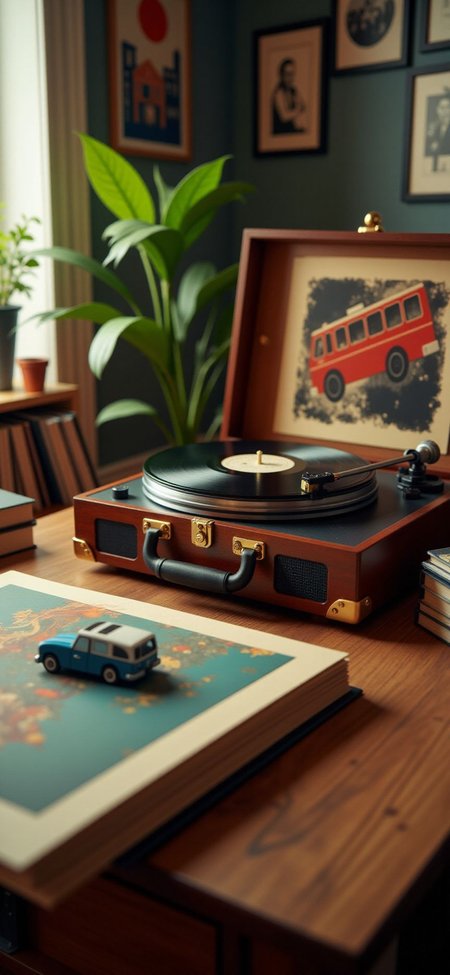 (indoors,indoor,isometric view,side view,tilt-shift lens:2), (in the style of ck-sfc,fna_style,fna_style,a scene from a pop-up,card letter:2), (briefcase style turntable :1.5),(opened turntable on vinyl record and  bus on vinyl record :2) (on table at study:4) <lora:Fantasy_Novel_Art_Style:1><lora:ck-plastic-models:1> <lora:Pop-up_Book_Papercraft_Plotter_FLUX:1>