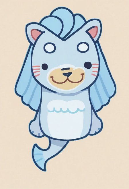 cute, solo, score_9, score_8_up, full body, digital art, highly detailed, full body, smile face, looking at viewer, standing to viewer, full view, merlion merli, merlion, fish tail, simple pure black eyes, conswayo_, cute style, 2d, simple background, solo