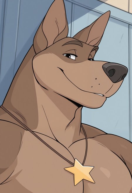 masterpiece,best quality,amazing quality, 1boy, solo, thund3rb0lt, anthro dog, bara, star necklace, close up, side angle, seductive, looking at viewer,