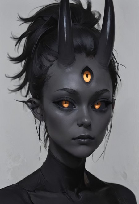 score_9, score_8, score_7, score_6, (masterpiece), best quality, expressive eyes, perfect face, ((te'kharoth, third eye), tail, horns), spiky hair, messy hair, ponytail hair, thick hair, black hair, black sclera), 1girl, gold eyes, wings, BREAK, armor, line under eyes, Oil Painting