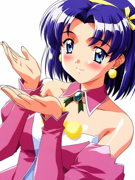 general,highres, ultra-detailed,very aesthetic,best quality ,best hands, BREAK <lora:Nozaki_sumire_Tokimeki_Memorial2_IS:1>
Nozaki_sumire(Tokimeki_Memorial2), 1girl, solo, blue eyes, blue hair, short hair, hairband,  breasts,
Yellow pom pom,
 jewelry, earrings, smile, blush, flower, bow, bare shoulders, 
dress,  upper body, white background, simple background, brooch, long sleeves, looking at viewer, detached sleeves, detached collar, parted bangs, ribbon,
