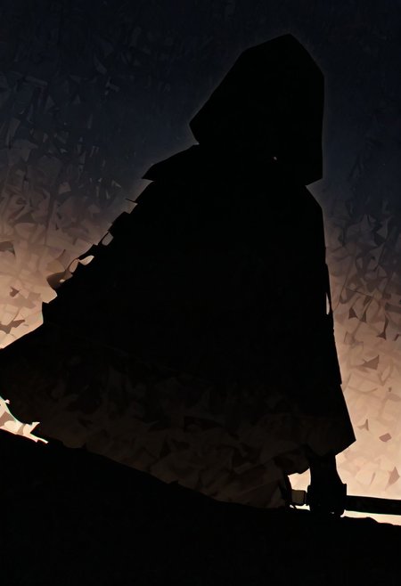 masterpiece, best quality, good quality, newest, highres, absurdres, volumetric lighting,gradient color, BREAK raytracing, volumetric lighting, ambient occlusion, boy, luminescent background, masterpiece, best quality, very awa, absurdres, BREAK  colored skin, black skin, (black hair, silhouette:1.5), no eyes, faceless, no highlights, hooded figure, black robes, Nazgul. Holding a sword, penitent pose BREAK night, moonlight, dutch angle, dark theme, high contrast