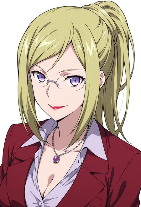 masterpiece, best quality, amazing quality,1girl, solo, BREAK
beatricestb,long hair, blonde hair, tied hair,ponytail,purple eyes,glasses,red lipstick, formal, jewelry,
BREAK
,white simple background, upper body,looking at viewer, smile