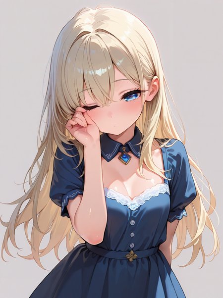 masterpiece,amazing quality,best quality,ultra-detailed,8K,illustration,CG,shiny hair,clear skin,ultra-detailed-eyes,simple background,cute girl, eyelashes <lora:rubbing eyes_illustrious_V1.0:1> rubbing eyes, one eye closed,dress