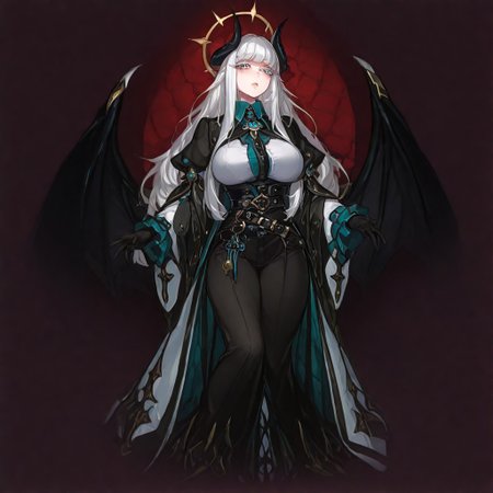 BREAK dnd, warlock, sorcerer, 1girl, black skin, blue eyes, black sclera, black horns, white hair, long hair, side bangs, sidelocks, black wings, waist wings, black and white clothes with golden details, aristocrat, belts, black belt, white cloak, big breasts, halo, demon, yandere expression, white eyelashes, messy hair, cleveage
FULL BODY, CONCEPT ART