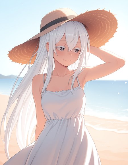 <lora:Echidna_1:1>ech1dna, colored eyelashes, hair between eyes, white hair,
sundress, closed smile, one hand behind head, looking to the side, warm, sunny, beach, sunhat,, masterpiece, best quality, amazing quality