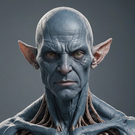 Generate a highly detailed, photorealistic portrait of a humanoid alien creature. The subject should have a bald, gray-blue head with deep wrinkles and creases. Its eyes should be a striking greenish-gold color with dark pupils, conveying a sense of intensity and mystery. The creature's nose should be slightly upturned, and its lips should be thin and pink. The alien's ears should be elongated and pointed, resembling those of a elf or Vulcan, with a pinkish hue inside. The skin texture should be rough and somewhat leathery, with visible veins and tendons. The neck area should be particularly interesting, with tendons and veins prominently displayed, creating a complex network of lines and textures. The shoulders and upper chest should be muscular and well-defined, with the tendons and veins continuing to be visible. The lighting in the image should be dramatic, with a light source coming from the upper left, casting deep shadows on the right side of the face and neck. This lighting should create a strong contrast between the gray-blue skin and the pinkish tones of the ears and lips. The background should be a dark, grayish-blue color, similar to the creature's skin tone, creating a cohesive and otherworldly atmosphere. The overall composition should focus on the creature's face and upper body, with the shoulders and chest area filling the lower part of the frame. The image should have a square format, emphasizing the symmetry of the alien's features. The style should be highly realistic, with attention to detail in the textures, lighting, and anatomical details, while still maintaining the distinct alien characteristics. aidmafluxpro1.1 <lora:aidmaFLUXpro1.1:1>