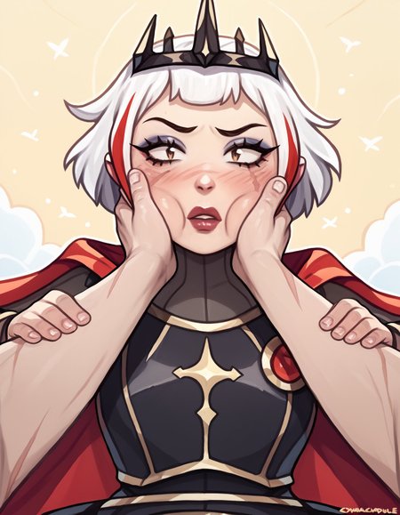 score_9, score_8_up, score_7_up, score_6_up, cyancapsule BREAK, cheek squash, hands on another's face, hands on another's cheeks, solo focus, pov hands, male hands, 1girl, blush, solo, short hair, white hair,multicolored hair, makeup, scar, crown, armor, cape, ulf-dh <lora:add-detail-xl:0.3> <lora:Ulfger_PDXL:0.6> <lora:Lunas-CyanCapsule-SDXL-A1:0.7> <lora:POVCheekSquash_XLPD:0.8>