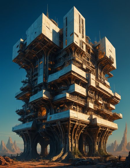 hyper realistic photograph of  a (complex architectural science fiction structure:1.4) by Jeff Easley and Boris Vallejo, (dazzling , luminar , masterful:1.4), medium full shot, poster art, bold lines, hyper detailed, expressive,  award winning,  dark limited color palette, high contrast, depth of field, (intricate details, masterpiece, best quality:1.4),
directional lighting, looking at viewer, dynamic pose, wide angle view,
<lora:add-detail-xl:1> <lora:xl_more_art-full_v1:0.5>  <lora:NicolaSamori:0.5> in the style of nicola samori <lora:looking_at_viewer:2>