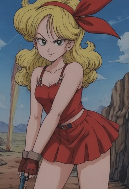 Outdoors, trees, blue sky, mountains, source_anime, source_cartoon, Thick outlines, 80s style anime filter, good angles
launch bad, smug face, blonde hair, long hair, curly hair, green eyes, red dress, mini skirt, fierce look, fighting stance,