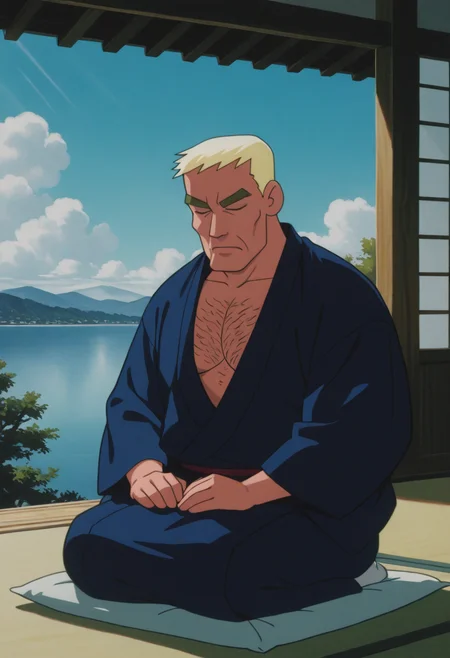 1boy, sitting, zabuton, indoors, japanese clothes, seiza, closed eyes, serious, cowboy shot, male focus,
BREAK
<lora:Hexon_from_Crayon_Shin-chan_Pursuit_of_the_Balls_of_Darkness_v1.0_1724039:1> large pectorals, thick arms, chest hair,
cs97hexon, 2000s \(style\), retro artstyle, mature male, blonde hair, thick eyebrows,
BREAK
horizon, blue sky, mountainous horizon, cloudy sky, lake, dappled sunlight, tree,
BREAK
very awa, masterpiece, best quality, absurdres, newest, perfect quality, detailed background, intricate details,