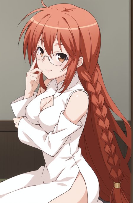 source_anime, anime screenshot, cowboy shot, from side, head turned to side, eyes looking at viewer, hand adjusting glasses, 1girl, solo, Matsu, (very long hair:1.2), red hair, (long red hair:1.2), flowing hair, (fishtail braid:0.5), (twin braid:0.8), thin braid, brown eyes, glasses, finger to glasses, soft smile, white dress, cleavage cutout, detached sleeves, china dress, side slit, seiza sitting, kneeling sit, seat cushion, indoor background, plain background
<lora:SekireiSet1:1>, score_9, score_8_up, score_7_up,1girl, solo,masterpiece, best quality, very aesthetic, absurdres