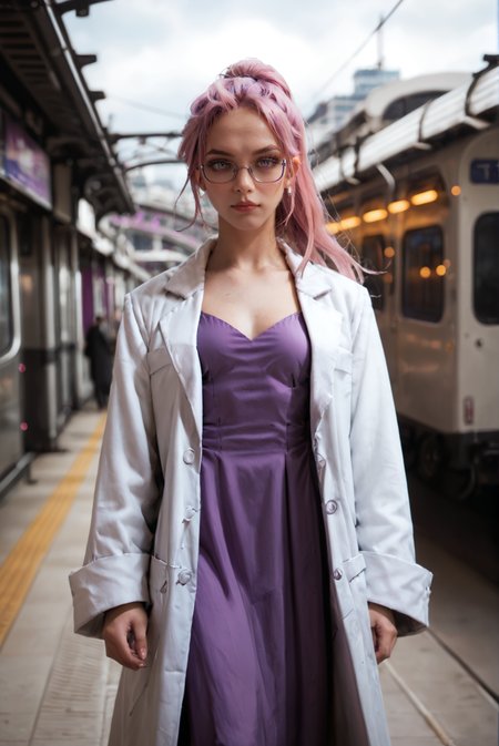 <lora:intp_v1:0.8>
intp_v1 , solo
ponytail, pink hair, long hair, purple hair, 
pale skin, 
purple eyes, 
breasts, small breasts, 
glasses,  semi-rimless eyewear,
labcoat, white coat, coat, open coat,long sleeves,
purple dress,
jewelry,, score_9, score_8_up, score_7_up, solo, 
sky, train station platform,outdoor,  city, street, train station, rails, rooftop, city view,
blur censor, blurry, blurry background, blurry foreground, bokeh, motion blur,
chromatic aberration, depth of field, figure, focused,  focus