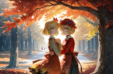 2girls , aki_minoriko, aki_shizuha ,highres ,apron, blonde_hair ,dress ,grape_hat_ornament ,hat, multiple_girls ,red_apron ,red_dress ,red_hat ,short_hair ,smile ,leaf ,maple_leaf , outdoors  ,tree,
rella, rolua, quasarcake:0.8,negative space,  very awa, looking at viewer,
masterpiece, best quality, Good quality, very aesthetic, absurdres, newest, (Perfect details),
<lora:ponyv5_noobE11_1_adamW:0.7>, <lora:illustrious_noobai_epsilon_pred_1_best_quality_v1:0.7>, <lora:illustrious_noobai_epsilon_pred_1_masterpieces_v1:0.7> ,<lora:illustrious_noobai_epsilon_pred_11_very_aesthetic_v1:0.7>,