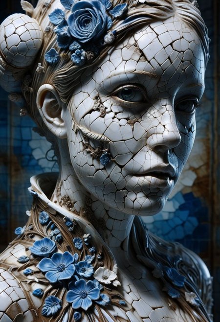 Close-up porcelain face, mysterious silhouette of a porcelain woman in worn down porcelain clothing, white and blue porcelain, alluring goddess, by Minjae Lee, Carne Griffiths, Emily Kell, Steve McCurry, Geoffroy Thoorens, Aaron Horkey, Jordan Grimmer, Greg Rutkowski, amazing depth, double exposure, surreal, geometric patterns, intricately detailed, bokeh,  perfect balanced, deep fine borders, artistic photorealism , smooth,  great masterwork by Suiras  <lora:add-detail-xl:2>  <lora:Double_Exposure:0.5>