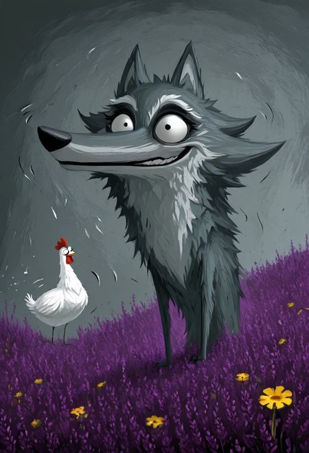 lanky grey wolf, wild crazed eyes, impossibly stretched grin, spiky ruffled fur, carrying shocked white chicken in gangly front paws, chicken with enormous bulging eyes and beak frozen in silent scream, feathers floating in air, wolf running through purple lavender field, yellow daisies bending from movement, twisted trees in background, moonlit misty night, digital painting with expressive brushstrokes showing textured fur and feathers, stormy teal background, motion lines, characteristic Tim Burton inspired design with both animals having disproportionately large expressive eyes, dark whimsical art style