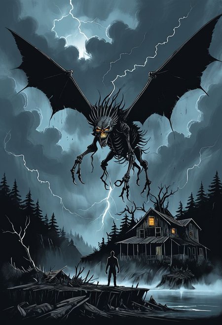concept art, ink art, 
Giant sky monster with skeletal wings floating above a island on a dark stormy day, lightning, , tornadoes, small birds for scale.