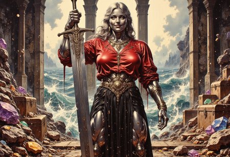 Realistic oil painting of a strong MetalFairy woman, She's wearing a red blouse that connected to a black leather pleated skirt and black thigh high boots. The womans strong muscular frame grips a huge sword with one hand it's jagged blade glowing faintly with runic etchings. Her expression is that of amusement, her lips curved up in a smirk.  Adorning her incredible muscular breasts are an arrangement of necklaces with ancient symbols. She stands in large room filled with treasure chests filled with gold and massive multicolored crystals, the windows in the room look down towards a raging sea. Her metallic skin sparkles with crystalline dust, and sweat trickles between her large breasts and huge muscles.