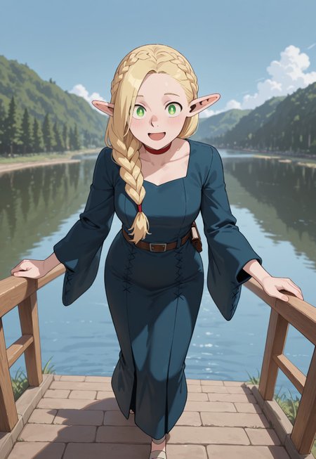 masterpiece, best quality, amazing quality, very aesthetic, absurdres, Dunmeshi_Marcille, 1girl, solo, female focus, pointy ears, blonde hair, green eyes, HairSingleBraid, crown braid, official alternate hairstyle, hair over shoulder, red choker, blue dress, furisode sleeves, brown belt, :D, walking, outside, blue sky, dynamic pose, perspective, lake, walking, looking at viewer