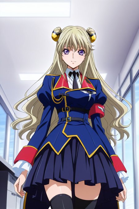 <lora:leila_malcal_CGA_illus:1>leila malcal, military uniform, hair accessories, 1girl, solo, long hair, blue eyes, pleated skirt, blonde hair, very long hair, purple eyes, necktie, office, hair bun, double bun,  cheerful, smile, cowboy shot, standing  looking at viewer,  <lora:Add_more_details_pony:0.8> black stocking, zettai ryouiki, from below, proportional body,