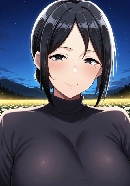 milfmiyuki, black eyes, HDR, 4k, best quality, 8k, absurdres, very aesthetic, ultra-detailed, best illustration, best background, best quality, newest, absurdres, highres, beautiful, detailed background, detailed eyes, beautiful eyes, floral background, night background, masterpiece, amazing quality, best background, looking at viewer, night sky, smiling, outdoors